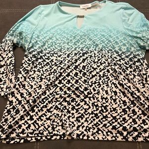 Calvin Klein Women's Aqua and Black Patterned Long Sleeve Top